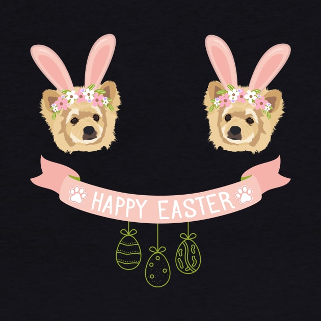 Pomeranian Dog Head with Bunny Ears, Happy Easter Sign and Hanging Eggs by Seasonal Dogs